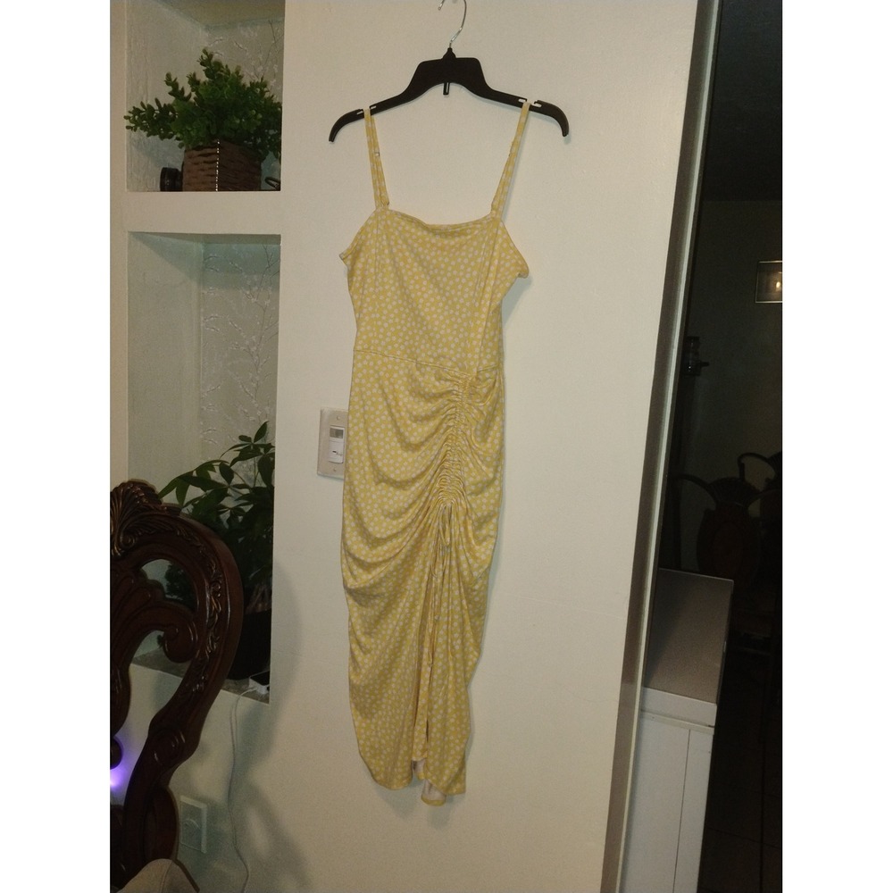Hollister Yellow Floral Ruched Midi Dress Womens Large Daisy Print Slit Sundress